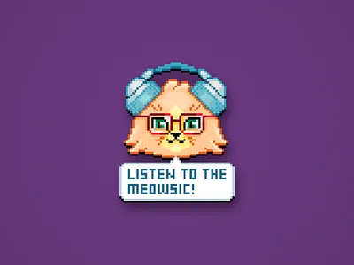 Listen to the Meowsic! cat cute flat funny geek glasses headphones illustration kitten kitty meloman meow music musician pixel pixelart print retro sticker sticker design