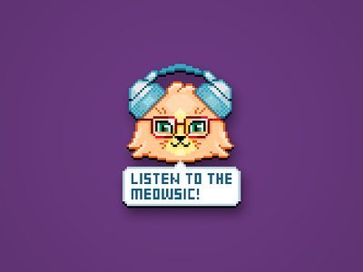 Listen to the Meowsic! cat cute flat funny geek glasses headphones illustration kitten kitty meloman meow music musician pixel pixelart print retro sticker sticker design