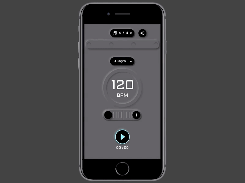 Metronome Music Mobile App animation app app design control dark dark app dark ui figma metronome music music app musician neumorphism prototype prototype animation skeumorphism ui