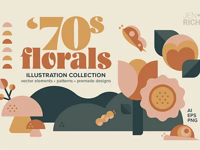 70s Florals Illustration Collection 70s butterflies caterpillar collection design elements floral floral elements florals flowers graphic graphics illustration illustration art illustration design illustration digital illustrations leaves mushrooms snail