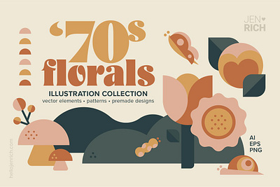 70s Florals Illustration Collection 70s butterflies caterpillar collection design elements floral floral elements florals flowers graphic graphics illustration illustration art illustration design illustration digital illustrations leaves mushrooms snail