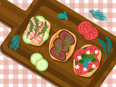 Italian Bruschettas beef bruschetta food illustration foodart illustration salmon tomato vector