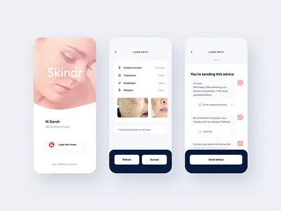 Skindr Dermatology brand chat dermatology diagnosis digitalhealth healthcare healthcare app itsme login minimal minimalism mobile mobile app mobile ui pastels skin skincare treatments userinterface