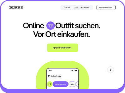 BLVRD Hero Header Rebranding Concept | Fashion App app landing page clean corporate site design concept green hero hero header icons illustration landing page minimal product purple rebranding shopping app typography ui ui design ux ux design