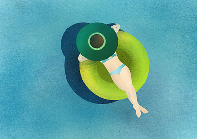 Girl swimming in a hat on an inflatable circle. blue cartoon flat flat illustration flat illustrator from above girl graphic green green hat hat holiday illustration ocean painting procreate sea swiming swiming pool vacation