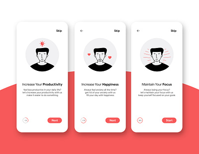 On Boarding self improvement app app community health app illustration minimal onboarding onboarding screen outline red screen self improvement simple ui ux vector white