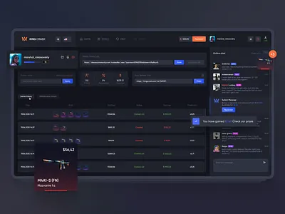 CS GO Crash Game - User Profile crypto csgo dark ui dashboad design elements gambling game game design gaming interface profile roulette skins ui ui kit user ux