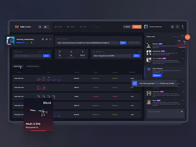 CS GO Crash Game - User Profile crypto csgo dark ui dashboad design elements gambling game game design gaming interface profile roulette skins ui ui kit user ux