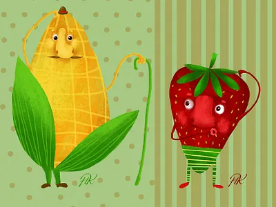 A corn and a strawberrie children children book illustration design typography