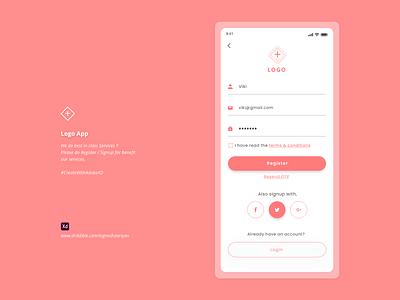 Signup | Register adobe xd app challenge concept createwithadobexd creative design dribbble illustration illustrator logo minimal mobile peach rebound signage signup ui ux vector