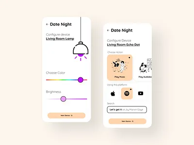 Mood setting app for your home through smart devices app color dailyui date design device devices echo home lamp lamps minimal mobile mood music scenario settings smart smarthome ui