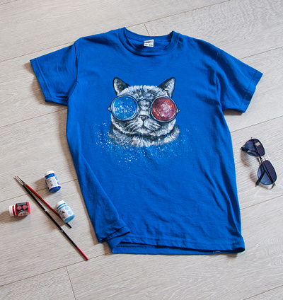 hand painted t-shirt, cat with glasses, hand painted clothes apparel branding cat design fashion hand painted handmade paint painting style wear