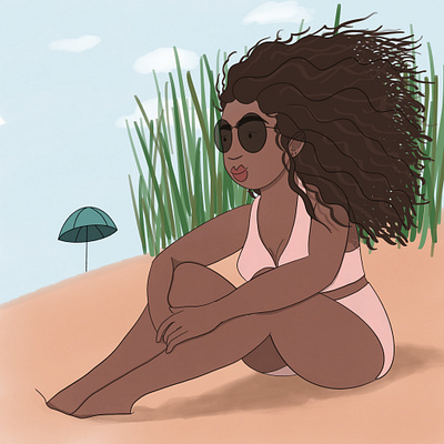 Tropical, Wavy Hair & Sunglasses blue brown digital art digital illustration illustration pink procreate woman