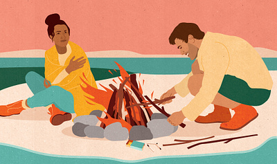 Cosmopolitan (DE): Men’s apparent need to make a bonfire camping character character design characters color cosmopolitan design editorial illustration fire illustration illustrator lifestyle magazine men storytelling texture textured women