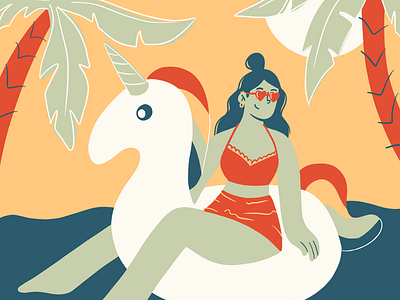 Tropical Unicorn art beach character design doodle draw girl illustration palm trees procreate sketch sunglasses swim swimsuit tropical tropical leaves wavyhair women