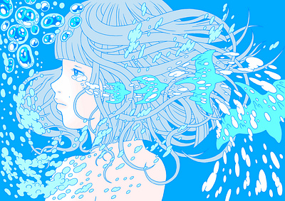 AQUA aqua art bird bubble design drawing girl illustration japan painting pop tear water