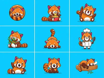 red panda....😆🍜🍃 baby bamboo character chef cute eat happy icon illustration kawaii leaves logo mascot noodle panda play ramen red red panda sleeping