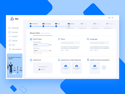 Justice for all - Claims UI form agreement app application claims ui claims ux contract dashboard filing claims icon insurance justice justice ui saas saas dashboard saas design ui ui ux ux web