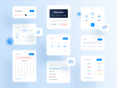 Mindify Component app blue calendar component design expenses flat icon illustration minimal note notes task time ui ux vector website