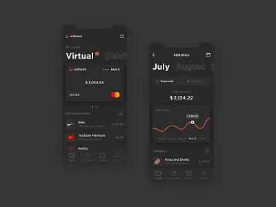 Unibank. Dark theme. amount app application banking card creditcard dark dark theme expenses finance finance app finance application finances fintech app income mobile mobile app mobile banking