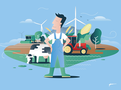 Illustration France Énergie éolienne farmer illustration poster art vector wind wind turbine