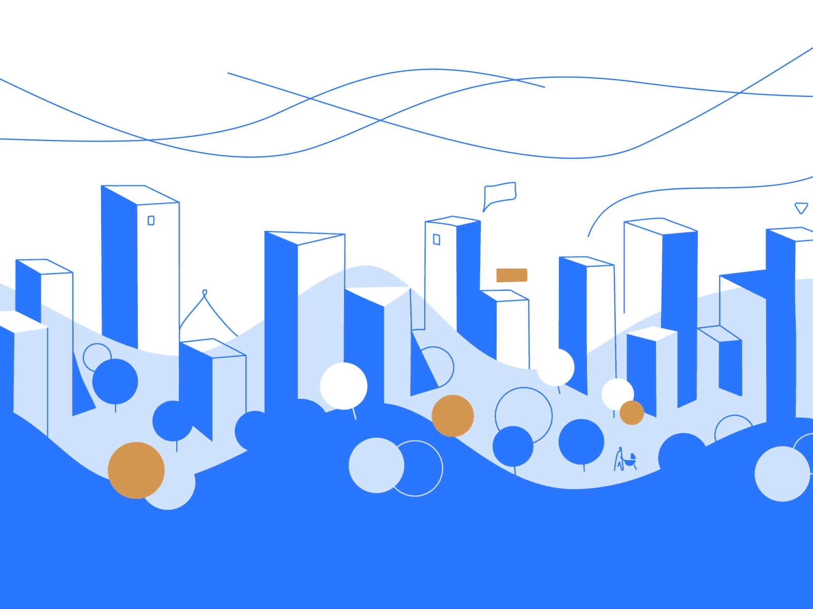 Trembita: Information flow in the City blue blue and white city dna flow information json lottie monochrome notification park perspective popup shape silhouette sky spiral trees