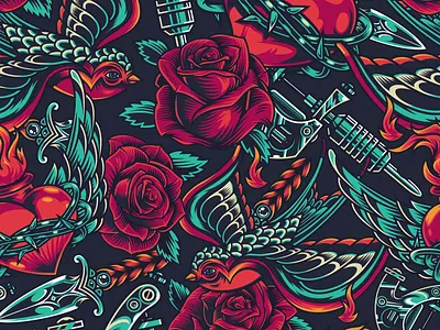 Tattoo Seamless Pattern adobe illustrator apparel design black white branding color heart pattern pattern art patterns swallow t shirt design tattoo vector vector illustration vintage