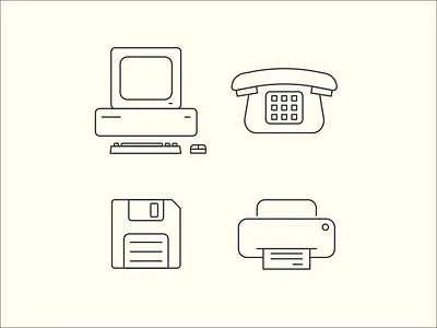 Vintage Office computer desktop floppy disk icon illustrator keyboard logo design minimal mouse phone printer stationary stroke telephone vintage