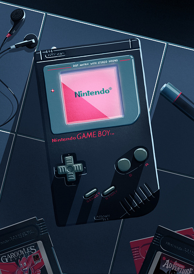 Nintendo Game Boy Illustration 3/4 80s 90s computer console desk digital art flat game boy gargoyle graphic illustration minimal night nintendo nintendo switch photoshop video game vintage wacom