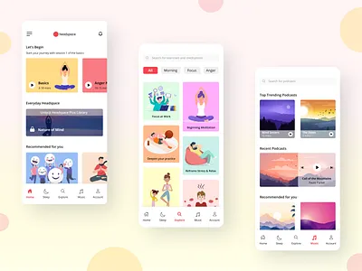 Meditation App application calm design exercise gradient illustration ios meditation mindfulness mobile peace podcasts relax soothing ui ux vector