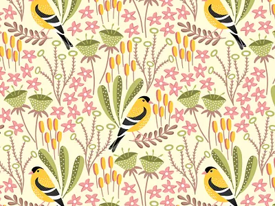 Finch birds pattern fabric finch pattern flat design floral pattern print design repeating pattern seamless pattern surface pattern surface pattern design textile vector pattern