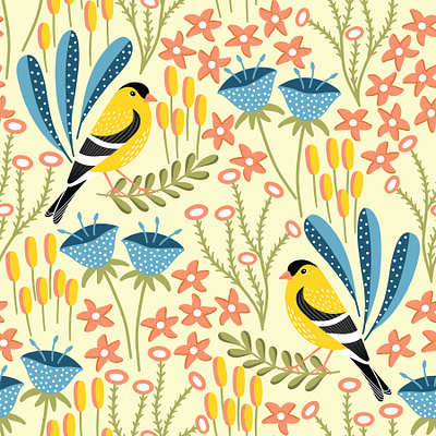 Finch bird pattern fabric finch pattern flat design floral pattern print design repeat pattern seamless pattern surface pattern surface pattern design textile vector pattern