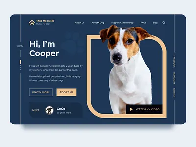 Take Me Home - Shelter for Strays Landing Page adopt app design clean ui dailyui dog logo design minimal pet pet care shelter stray dog ui ui design uiinspiration uitrends uiux userinterface uxui webdesign website
