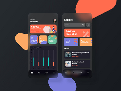 Investment App- Dark Mode application banking banking app clean credit card dark mode dark ui dashboad design finance app investment minimal money night mode spendings typography ui