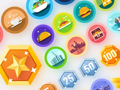 PopDish Mobile Apps Achievement Badges Illustration achievement affinity designer badges fitbit flat illustration icon icon design iconography illustration illustrator mobile apps onboarding onboarding illustration uidesign vector