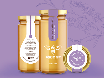 Banner Bee Infused Honey 9oz Jars artisan bee clean glass jar green honey honeybee infusion label label design lavender matcha modern packaging packagingdesign purple sans serif script turmeric yellow