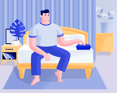 What's in the box? bed bedroom character design flat guy home illustration plant texture vector web