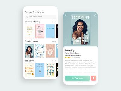 Audio Books App app design audio app audiobook audiobooks authors becoming best sellers biography book app book cover bookshelf genres michelle obama read reading app reviews social app titles trending ui