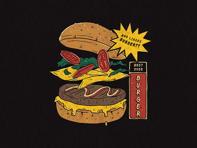 Who Likes Burger?? apparel design branding burger cheese burger clothing clothing design delicious design drawing fast food flyer design food hamburger illustration junk food lovers poster retro tshirt vintage