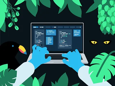 Coding in the Wild 2d coding computer design engineer graphic design illustration jungle laptop software engineer vector wildlife
