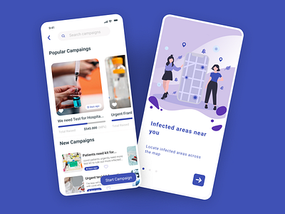 Covid App: Crowdfunding | Onboarding app coronavirus covid covid19 crowdfunding design flat health health app ios medical mobile mockup onboarding ui ux