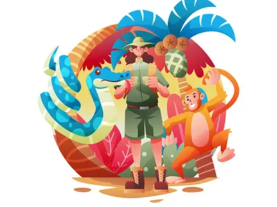 Ecotourism Park ecology ecotourism floral forest jungle monkey snake snakes tree vector woman
