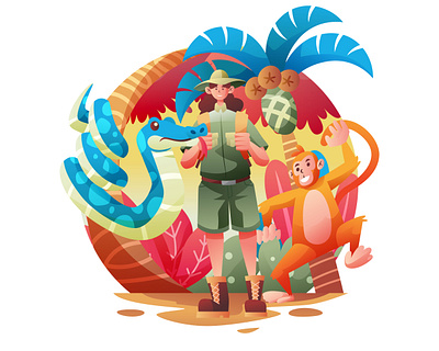Ecotourism Park ecology ecotourism floral forest jungle monkey snake snakes tree vector woman