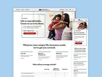 Life Insurance Home Page airy blue brand family insurance light mobiledesign photography red responsive uidesign user interface uxui webdesign website
