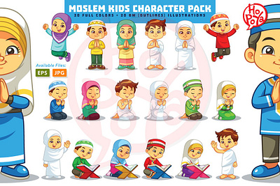 Moslem Kids Character Pack cartoon character children education illustration islamic kids moslem religious vector