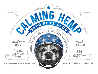 Safe Pets Club Calming Hemp Packaging branding classic custom dog helmet illustration label logo old school pet print retro typography vector vintage