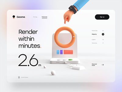 Geome. 3d 3d design 3d illustration blur clean computer effect gradient hand 3d hero header landing page minimal mouse render simple typography ui ui design ux ux design