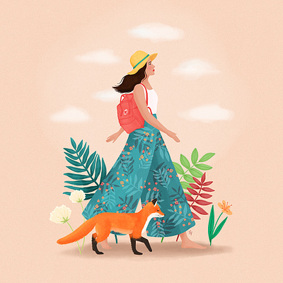 Fox animal art digital art drawing fox girl illustration nature portrait summer voyage woman