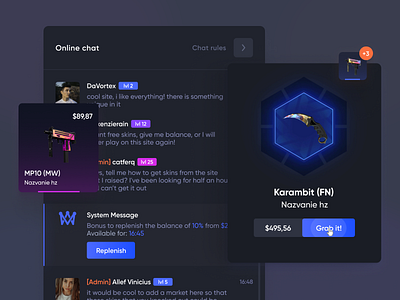 CSGO Web Site - UI Elements Kit balance casino components csgo dark ui gambling game grab gun interface messages more online chat roulette rules skin system ui ui elements ux