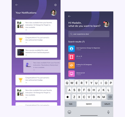 Courzee App UI app ui courses search mobile app ui notifications screen search results search screen
